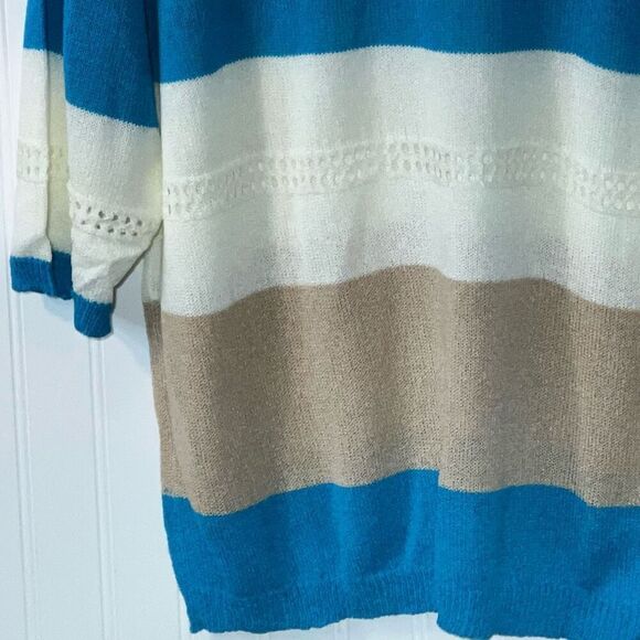 Striped Sweater Womens Large Blue And White Cottage Core Loose Casual Knit Top - Picture 9 of 12